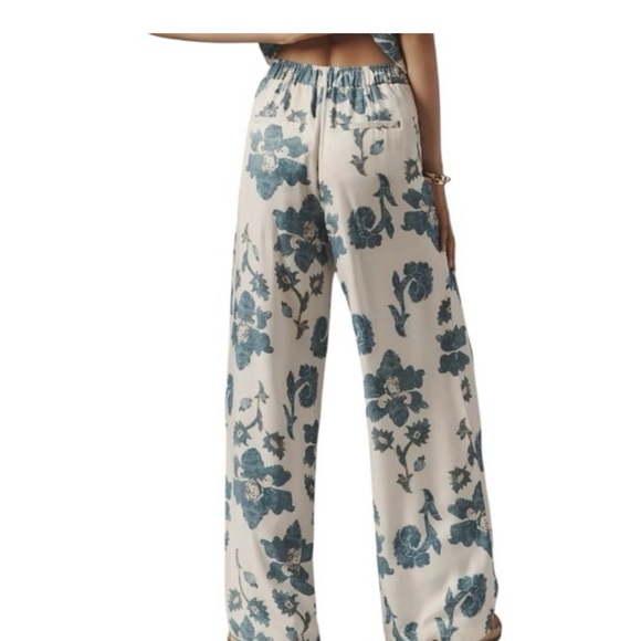 ANTHROPOLOGIE BLOCK PRINT GREEN AND WHITE SILKY TROUSERS SIZE MEDIUM TALL - Picture 9 of 12